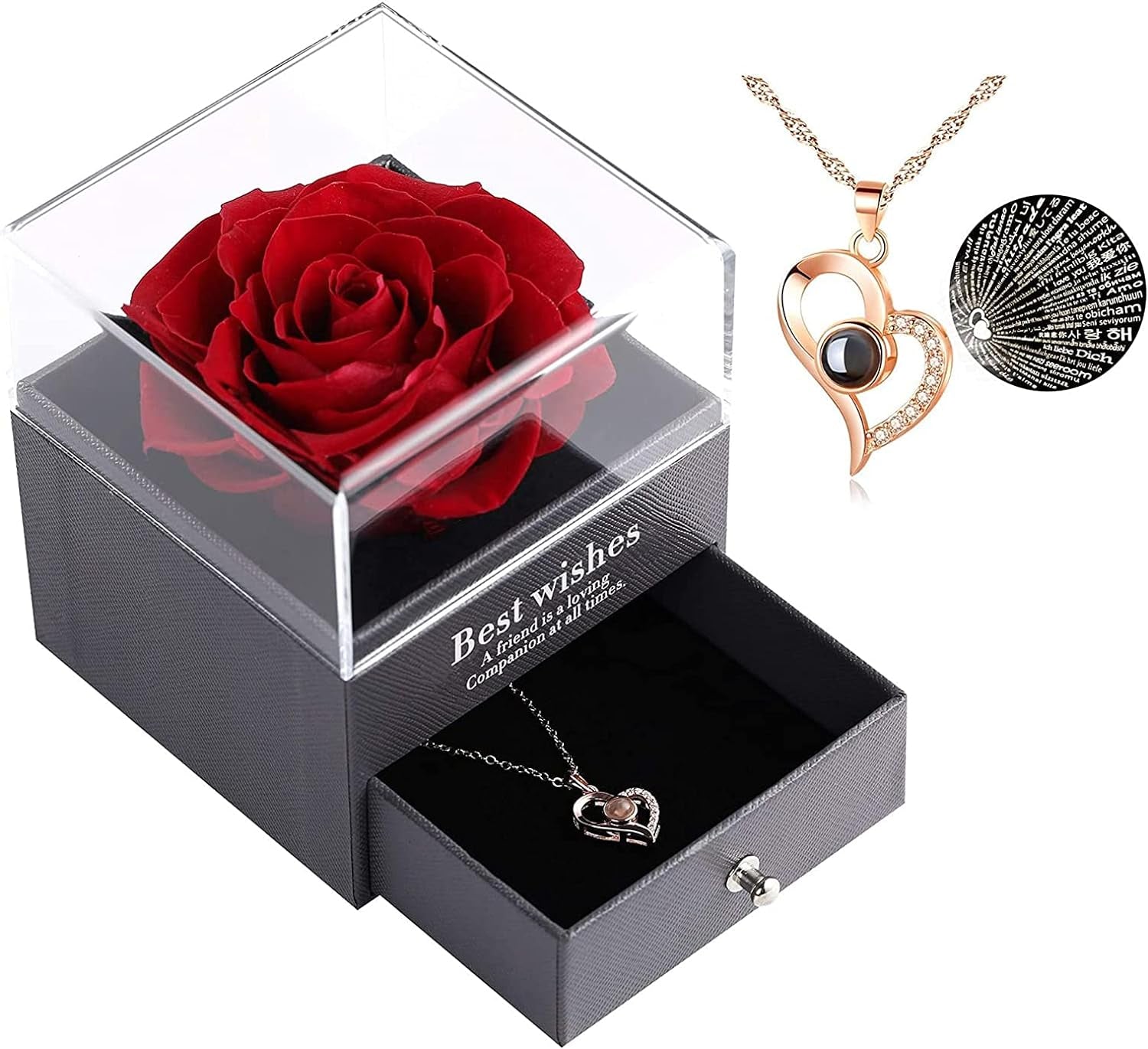 100 Languages Light I Love You Projection Pendant Necklace, Preserved Real Rose with Love You Necklace in Gift Set, for Valentine'S Day Anniversary Wedding Romantic Gifts for Her